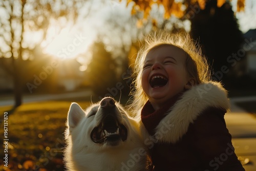 Joyful Child Laughing With Dog During Golden Hour