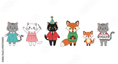 Anthropomorphic cats and foxes dressed in various outfits stand in a row