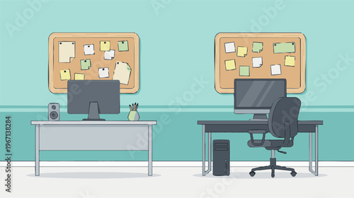 Two minimalist office workspaces with computers, desks, and bulletin boards