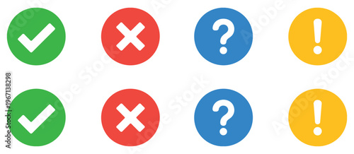 Eight circular icons with checkmark, cross, question mark, and exclamation mark symbols, modern minimal vector collection ideal for notifications, alerts, task management tools, and educational 