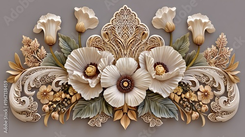 Artistic white flower design with detailed golden foliage high resolution Background