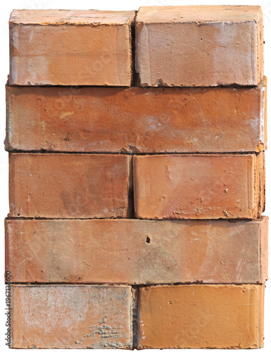 Stacked clay bricks isolated on transparent background, construction material PNG