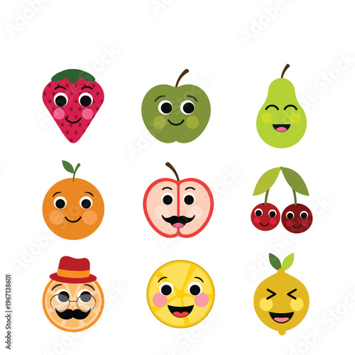 A collection of fruit with smiley faces