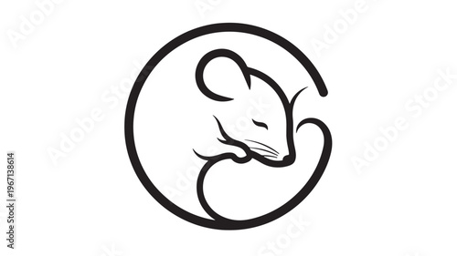 Mouse curled in a circle, minimalist black and white vector logo design for a pet store or wildlife conservation organization.