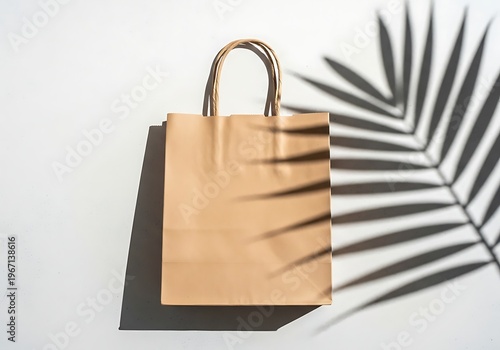 A beige shopping bag with handles placed against a blurred leafy background