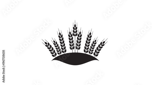 Wheat stalks on a curved horizon line create a stylized symbol of agriculture and harvest, rendered in a simple black silhouette against a white