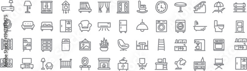 A collection of black and white icons of furniture and household items