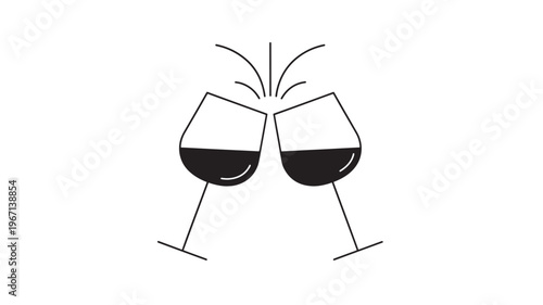 Two wine glasses with red liquid clinking together with celebratory sparks above in a simple line art illustration.