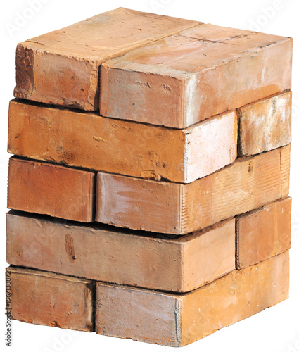 Stacked clay bricks isolated on transparent background, construction material PNG