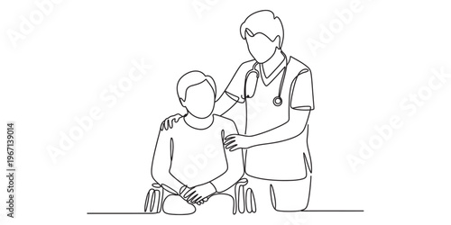 Continuous line drawing of a caring nurse providing support to a patient sitting in a wheelchair. Vector, illustration