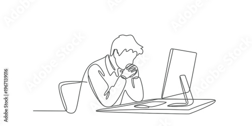 A single line drawing of a frustrated employee sitting at a desk and looking at a computer screen Vector, illustration