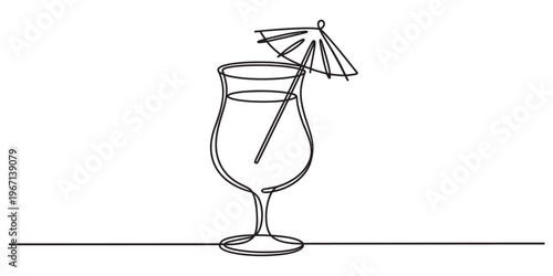 Minimalist continuous line drawing of a tropical cocktail glass with a decorative paper umbrella Vector, illustration