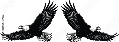 Eagle silhouettes flying wings spread predator bird wildlife vector illustration powerful raptor design collection isolated black graphic set