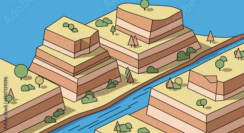 Geological layers erosion canyon river landscape illustration.