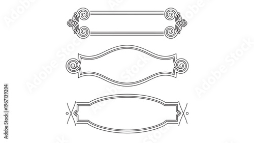 Decorative ornamental frames and banners with swirling filigree details for design or text. featuring ornate, vintage, frame with banner and border