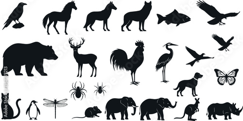 Wildlife Animal Silhouettes Set Birds Mammals Fish Insects Black Collection