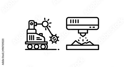 Industrial robot arm with a gear and a 3D printer or cnc machine creating mountains with 3D printer