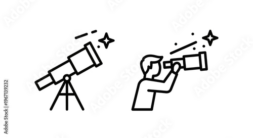 Person looking through a telescope at stars and a telescope on a tripod