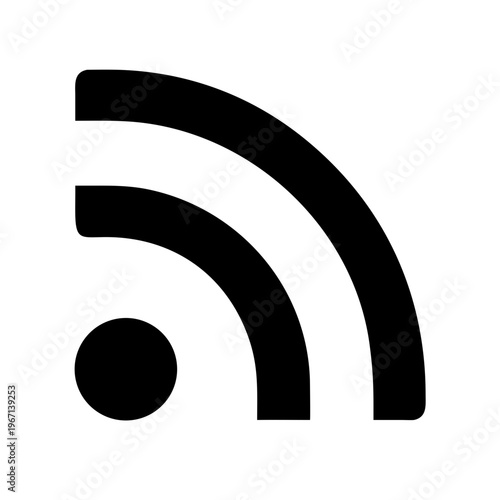A black RSS icon on a white background, representing syndication and news feeds