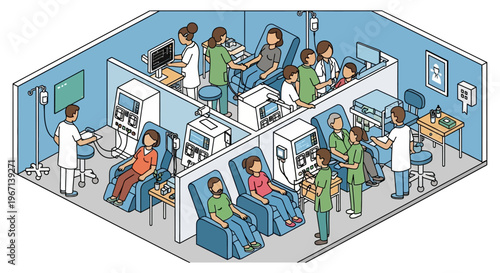 Medical professionals tending to patients undergoing dialysis treatment in a modern clinic.