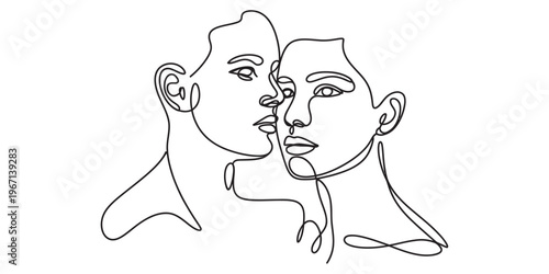 A minimalist continuous line drawing depicting the intimate profiles of two people in close contact Vector, illustration