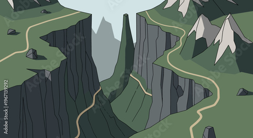 Abstract Landscape Illustration with Mountains and Winding Paths.