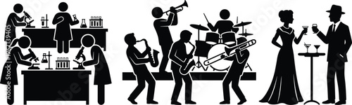 People activity silhouettes set scientists jazz band cocktail party characters lifestyle vector illustration collection isolated black design