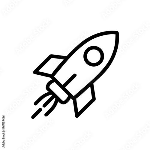 A minimalist black line art illustration of a rocket ship blasting off into space