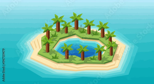 Tropical island with palm trees and a central lagoon.