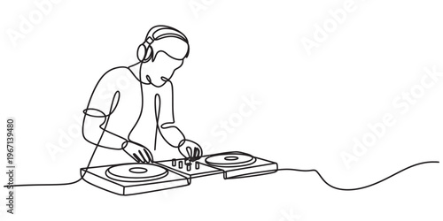 A continuous line drawing of a male disc jockey wearing headphones and mixing music on a console Vector, illustration