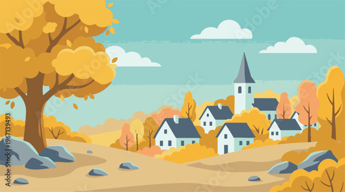 Autumn village landscape illustration with golden trees and houses