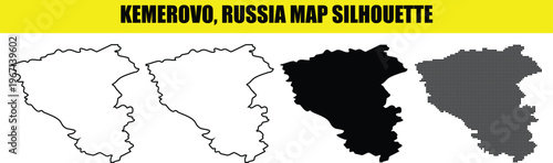 Kemerovo russia map silhouette collection with solid black and outline styles on checkered transparent backdrop.