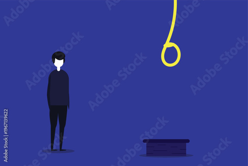 Illustration of Person Facing Depression and Suicidal Thoughts. Conceptual Metaphor of Mental Health Crisis and Despair. Man Standing Near a Noose in Dark Blue Minimalist Style.
