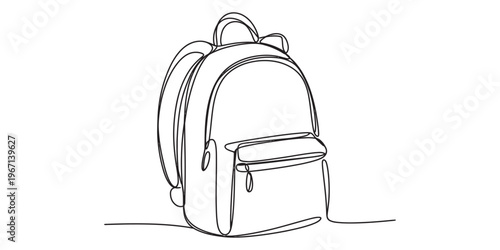 A single continuous line drawing of a simple backpack isolated on a clean white background area. Vector, illustration