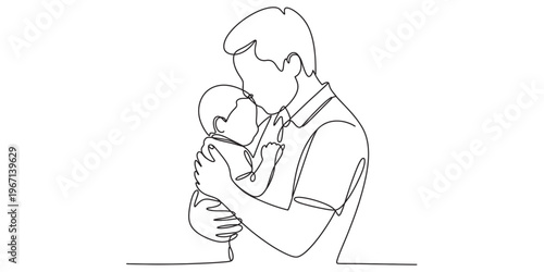 A single continuous line drawing of a father holding his baby close with love and tenderness. Vector, illustration