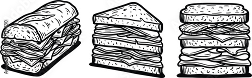 Sandwich illustration set hand drawn food sketch bread meal lunch snack vector deli design collection isolated black and white