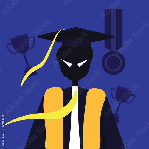Student in Graduation Gown with Trophies and Medals. Illustration of Academic Achievement and Success. Proud Graduate Character with Awards Representing Excellence.