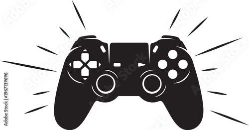Black game controller with white background and motion lines