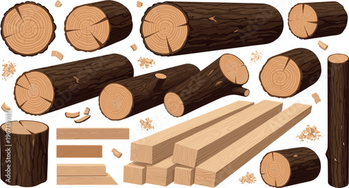 Tableau sur toile Wood Logs and Lumber Vector Illustration Set for Construction and Design