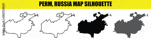 Perm russia map silhouette vector with different styles like solid, outline, black and dot map.