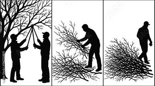 Tree pruning and wood collection silhouettes workers cutting branches gathering firewood outdoor work vector illustration rural nature activity set