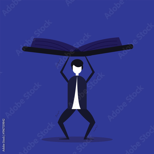 Person Lifting Giant Book as Symbol of Academic Pressure. Concept of Heavy Educational Burden and Mental Stress. Man Struggling with Weight of Knowledge and Study.
