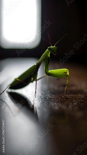 A green praying insect perches on a reflective surface, lit by bright backlighting, highlighting the delicate details