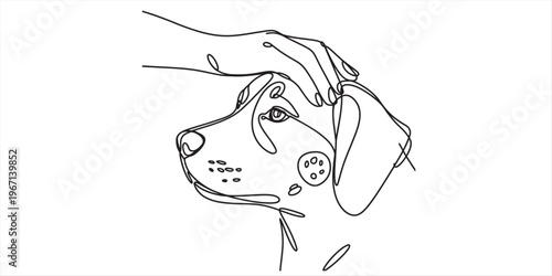 A continuous line drawing depicting a gentle human hand petting the head of a happy young dog Vector, illustration