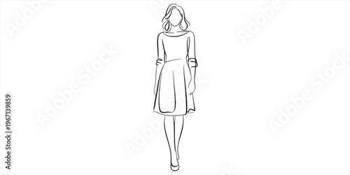 Minimalist continuous line drawing of a stylish woman wearing a flared knee length dress outfit Vector, illustration
