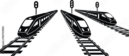 High speed train silhouettes railway transport modern locomotive rail track signal vector illustration transportation collection isolated black design