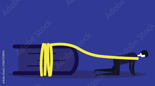 Metaphorical Illustration of Student Burden and Academic Stress. Exhausted Person Dragging a Heavy Book. Concept of Educational Pressure and Mental Health Struggles.