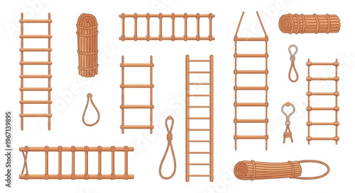 Collection of wooden ladders ropes and climbing equipment illustrations