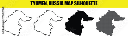 Tyumen russia map silhouette vector set with various styles like line art and dots on transparent background grid.