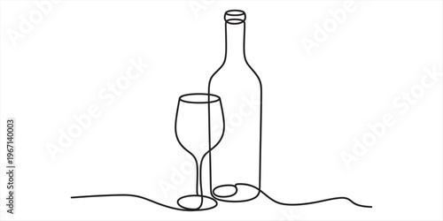 A minimalist single line drawing of a wine bottle and a wine glass on a clean white background Vector, illustration